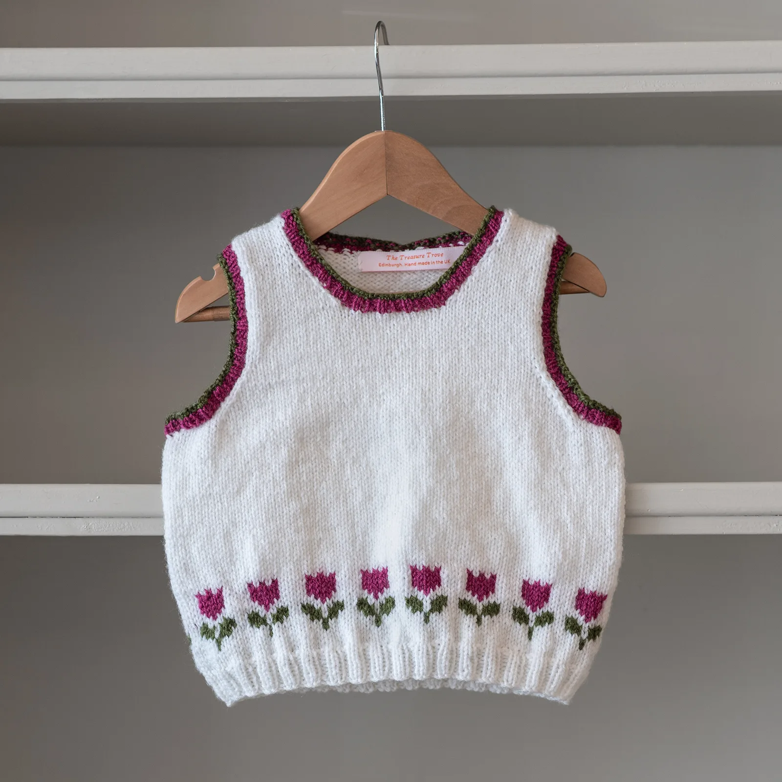 hand knitted white with tulips tank tops